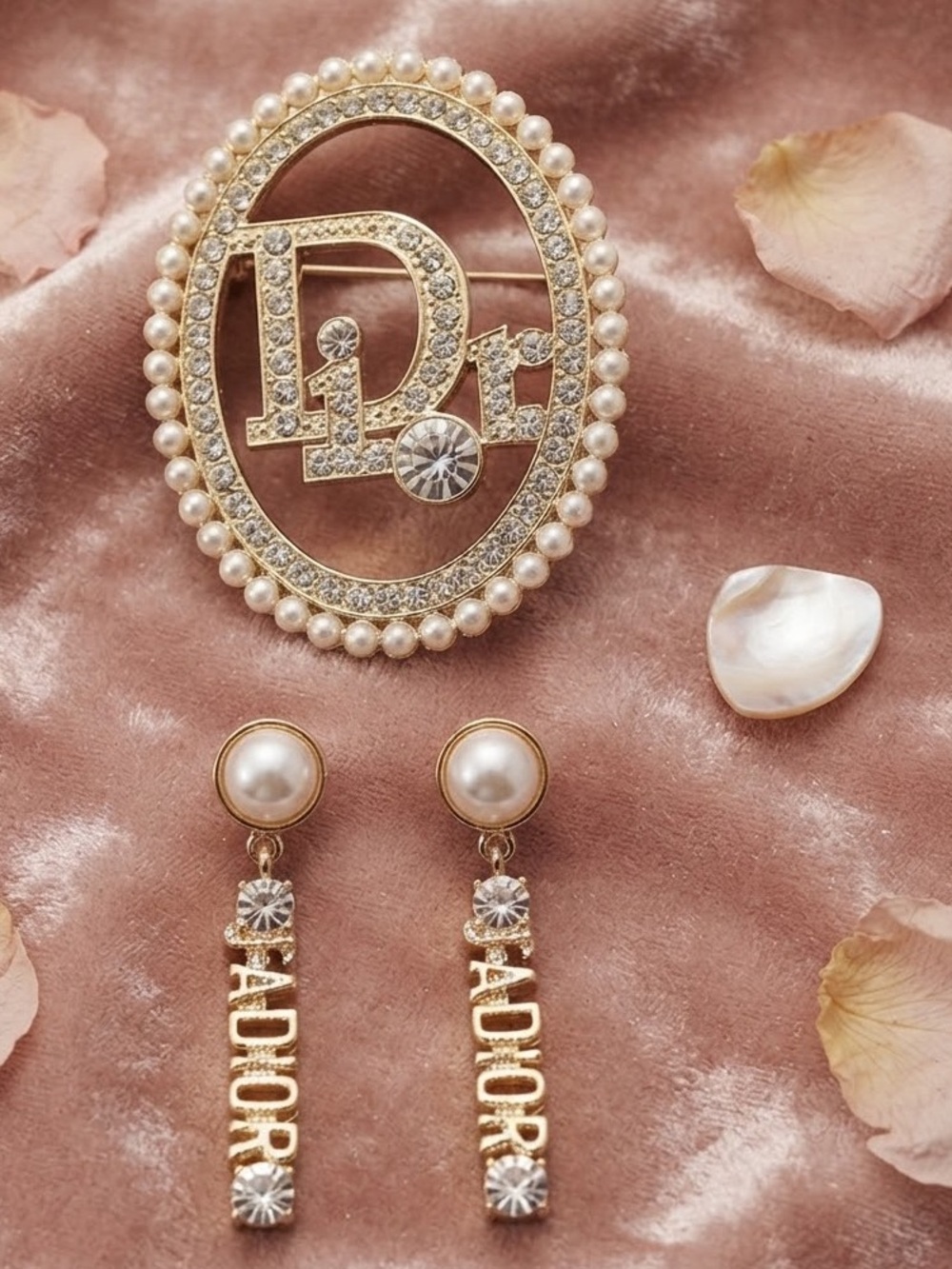 Gold Pearl & Crystal Brooch& Matching Earring Set